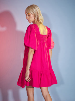 Pink Puff Sleeves Short Tiered Dress-SASSAFRAS