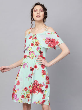 Aqua Floral Layered Fit & Flare Strap Dress-Dress-SASSAFRAS