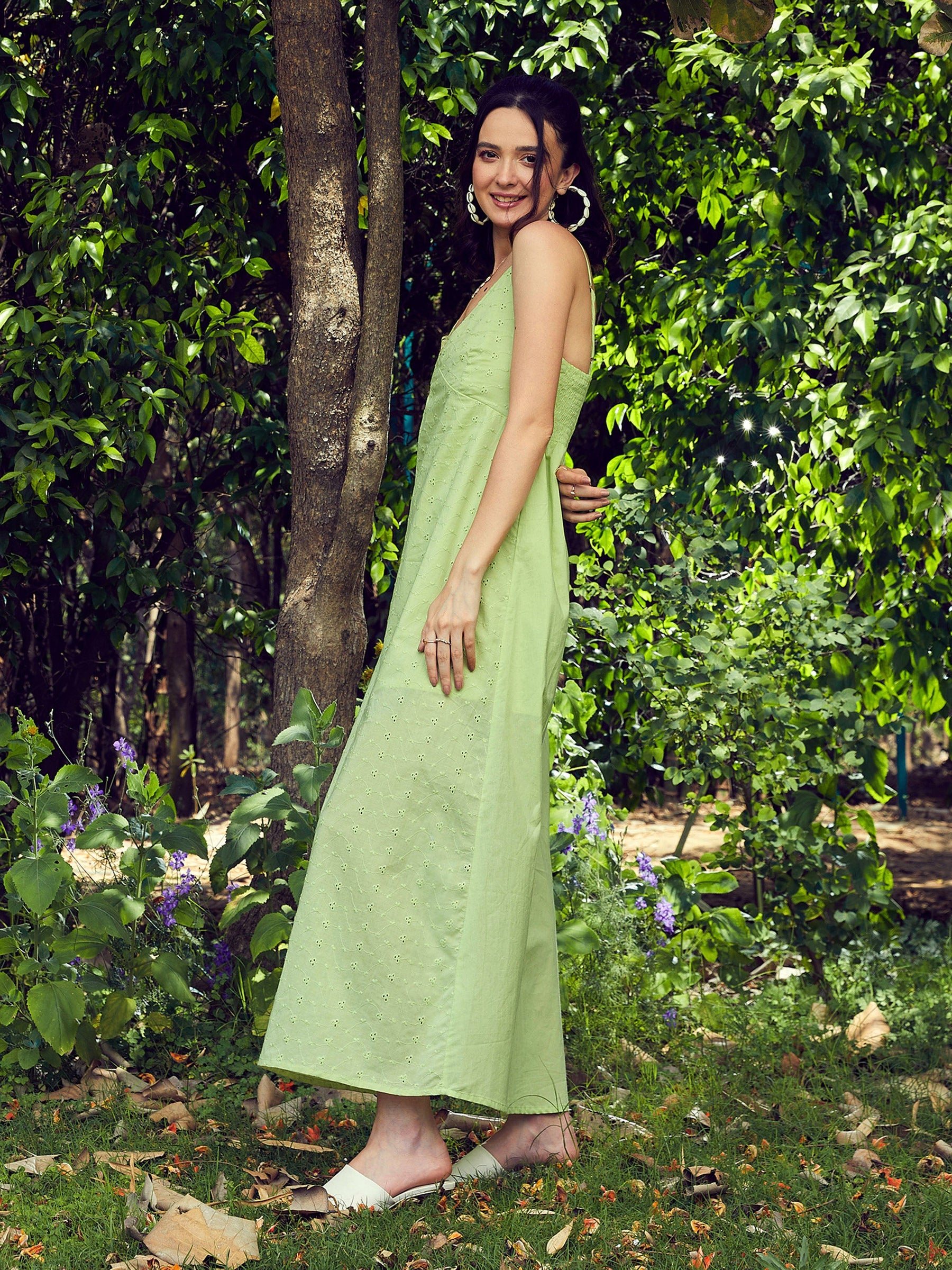 Lime Green Schiffli Strappy Maxi Dress-SASSAFRAS