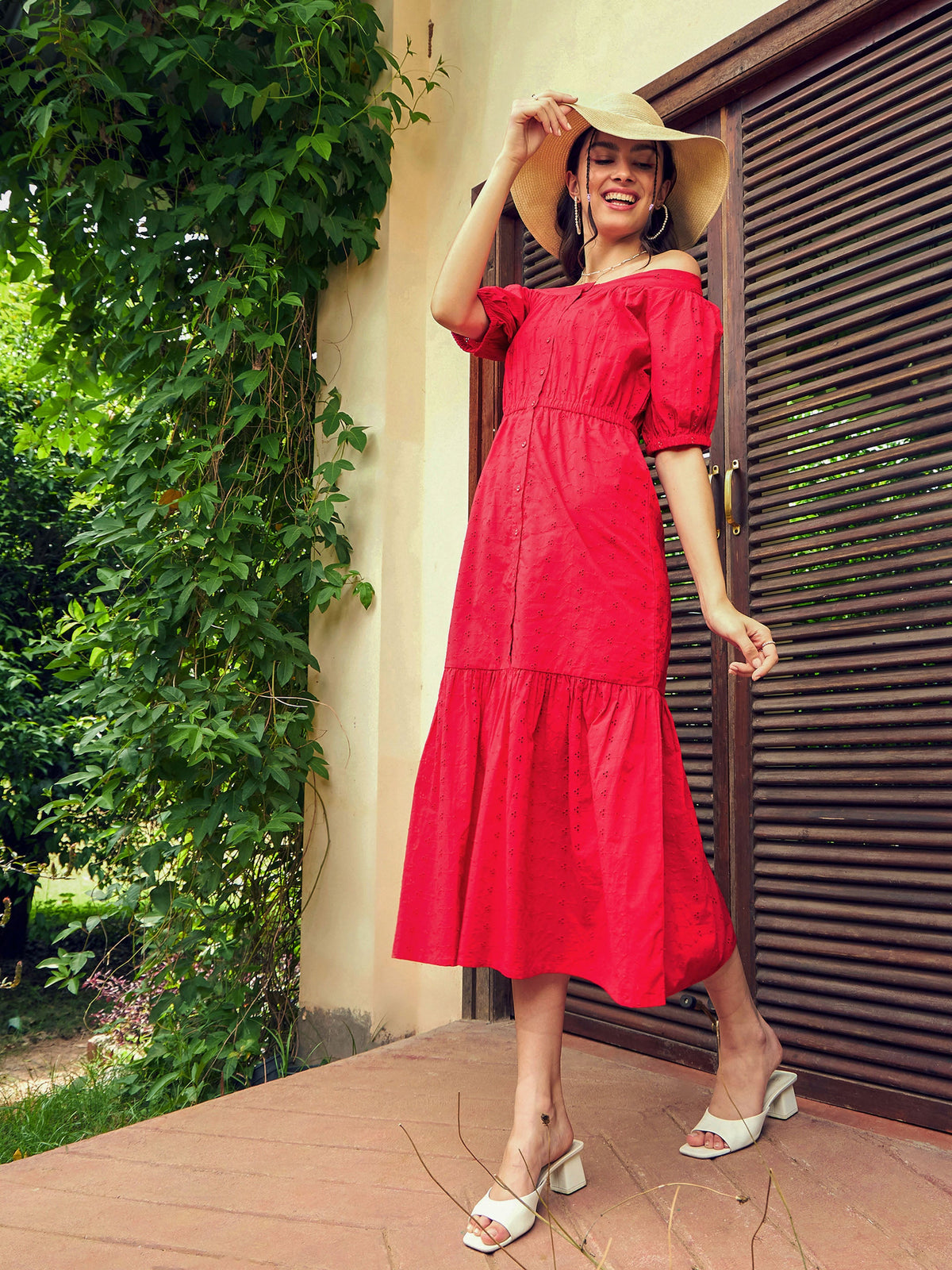 Red Schiffli Off-Shoulder Tiered Midi Dress-SASSAFRAS