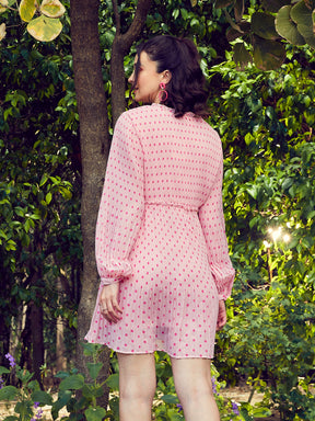 Pink Polka Dot Pleated Dress-SASSAFRAS