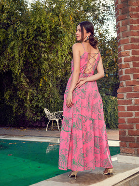 Pink Floral Strappy Tiered Maxi Dress-SASSAFRAS