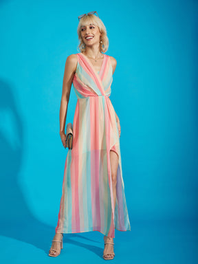 Multi Stripe Wrap Maxi Dress-SASSAFRAS