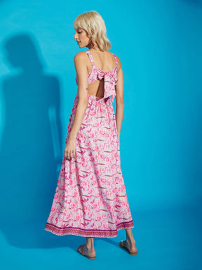 Pink Floral Strappy Sweetheart Neck Maxi Dress-SASSAFRAS
