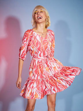 Coral Abstract Water Paint Tiered Mini Dress-SASSAFRAS