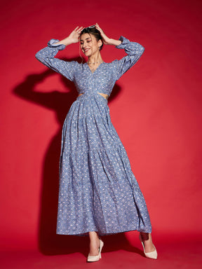 Blue Mughal Print Waist Cut-Out Maxi Dress-SASSAFRAS