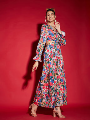 Multi Floral Waist Cut-Out Maxi Dress-SASSAFRAS