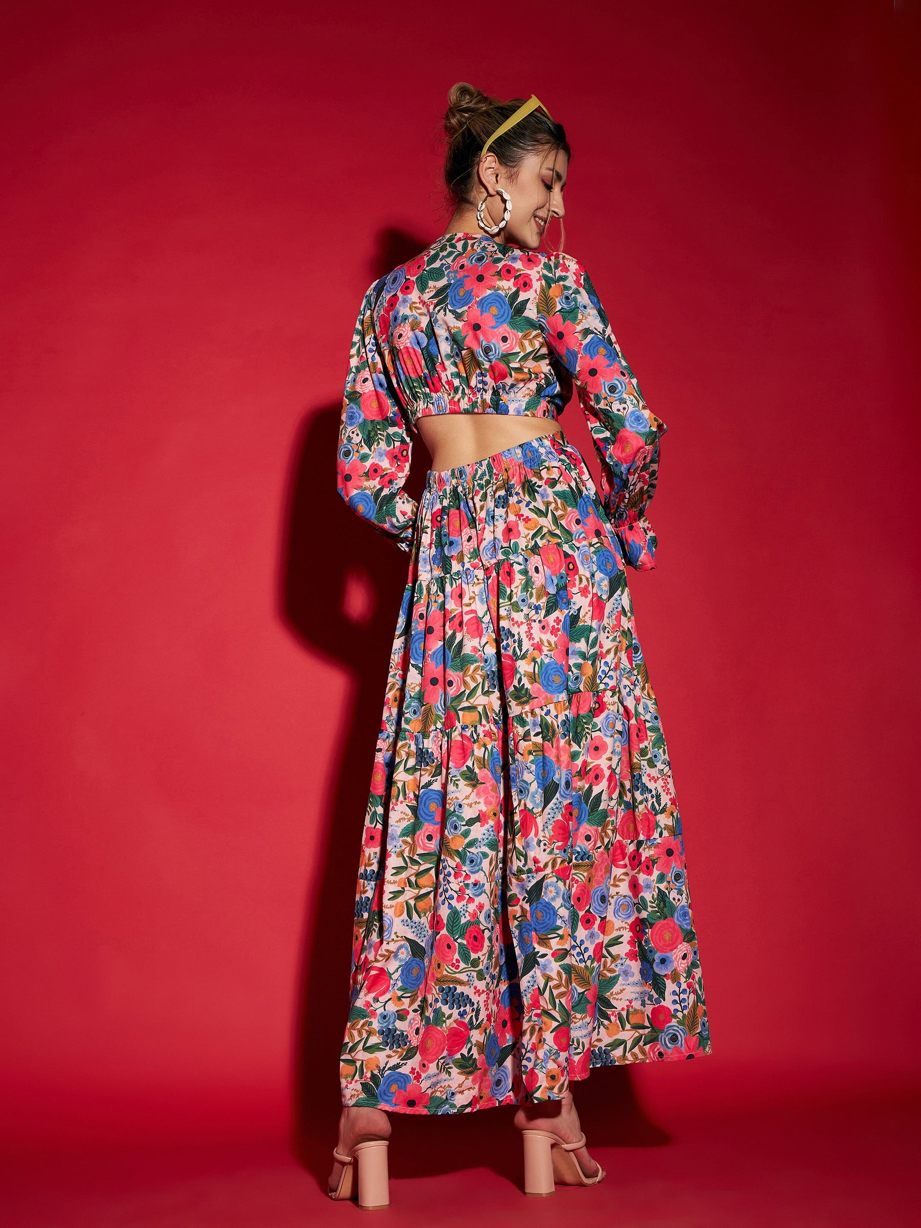 Multi Floral Waist Cut-Out Maxi Dress-SASSAFRAS
