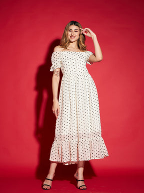 White Polka Dot Printed Frill Hem Maxi Dress-SASSAFRAS