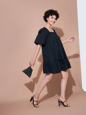 Black Cotton Poplin Puff Sleeves Tiered Dress-SASSAFRAS BASICS