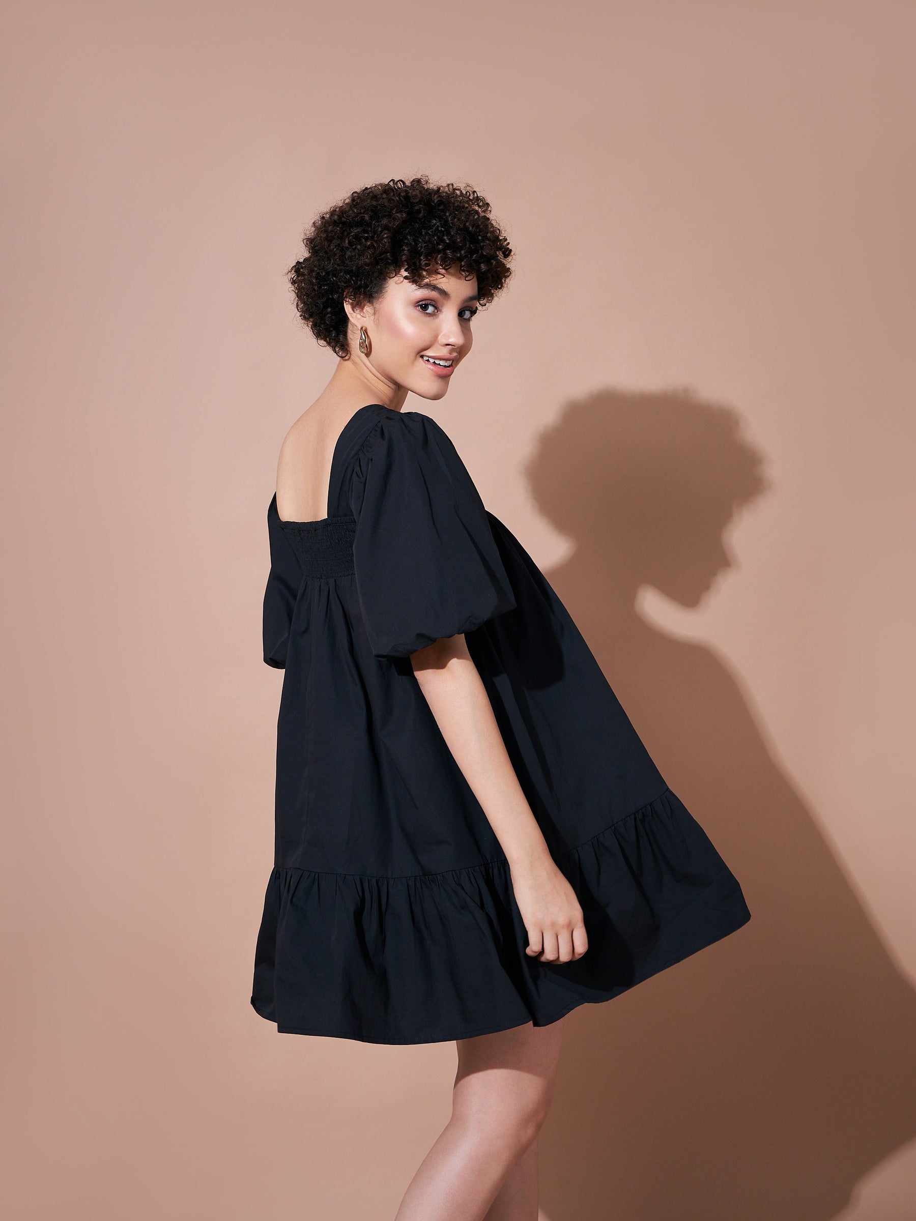 Black Cotton Poplin Puff Sleeves Tiered Dress-SASSAFRAS BASICS