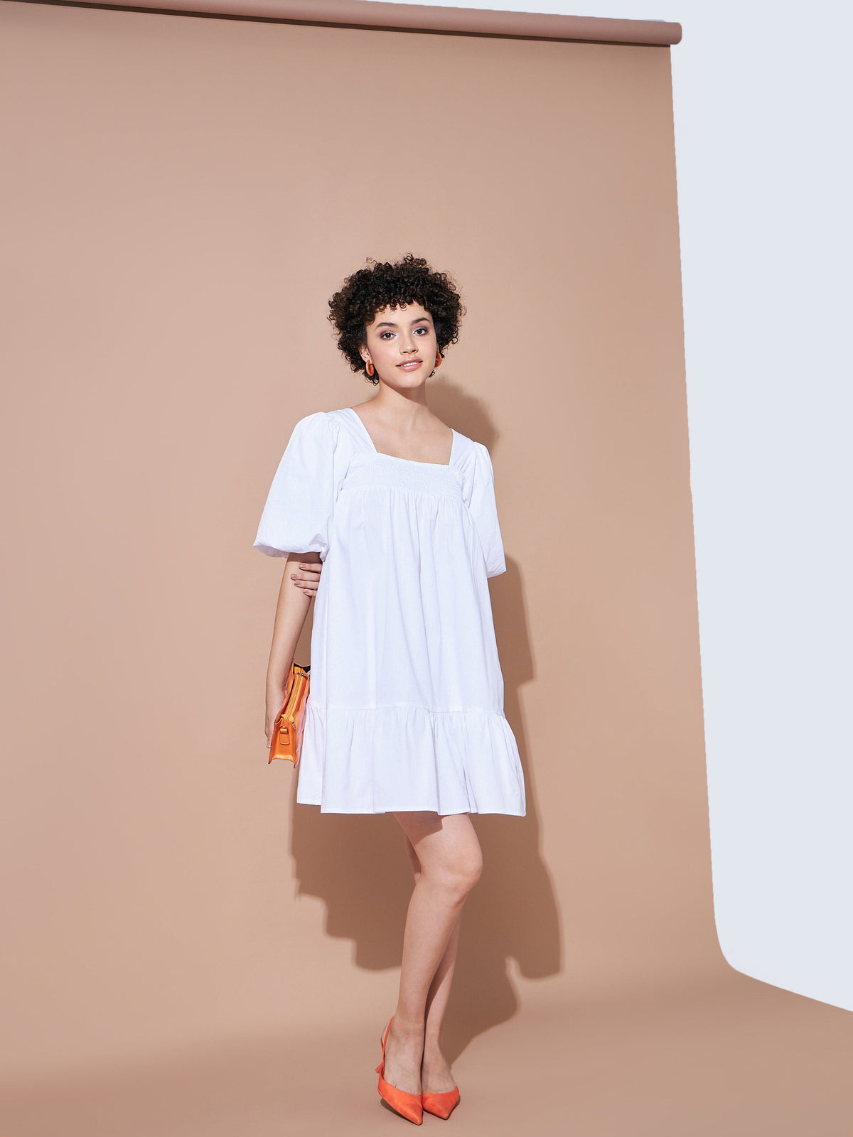 White Cotton Poplin Puff Sleeves Tiered Dress-SASSAFRAS BASICS