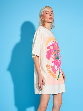 Beige Floral Printed Oversized T-Shirt Dress-SASSAFRAS