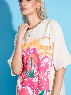 Beige Floral Printed Oversized T-Shirt Dress-SASSAFRAS