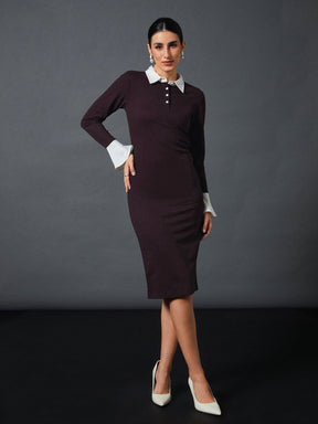 Burgundy Contrast Collar Bodycon Dress-SASSAFRAS worklyf