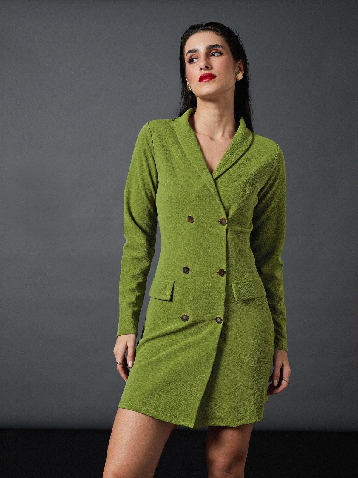 Olive Double Breasted Blazer Dress-SASSAFRAS worklyf