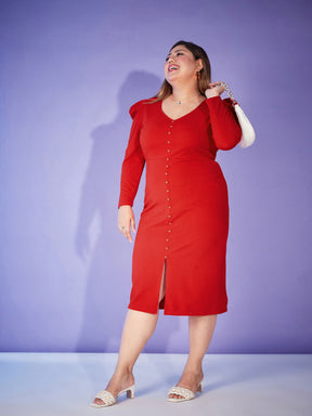 Red Puff Sleeve Bodycon Dress-SASSAFRAS Curve