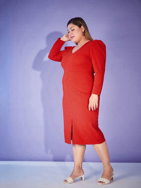 Red Puff Sleeve Bodycon Dress-SASSAFRAS Curve