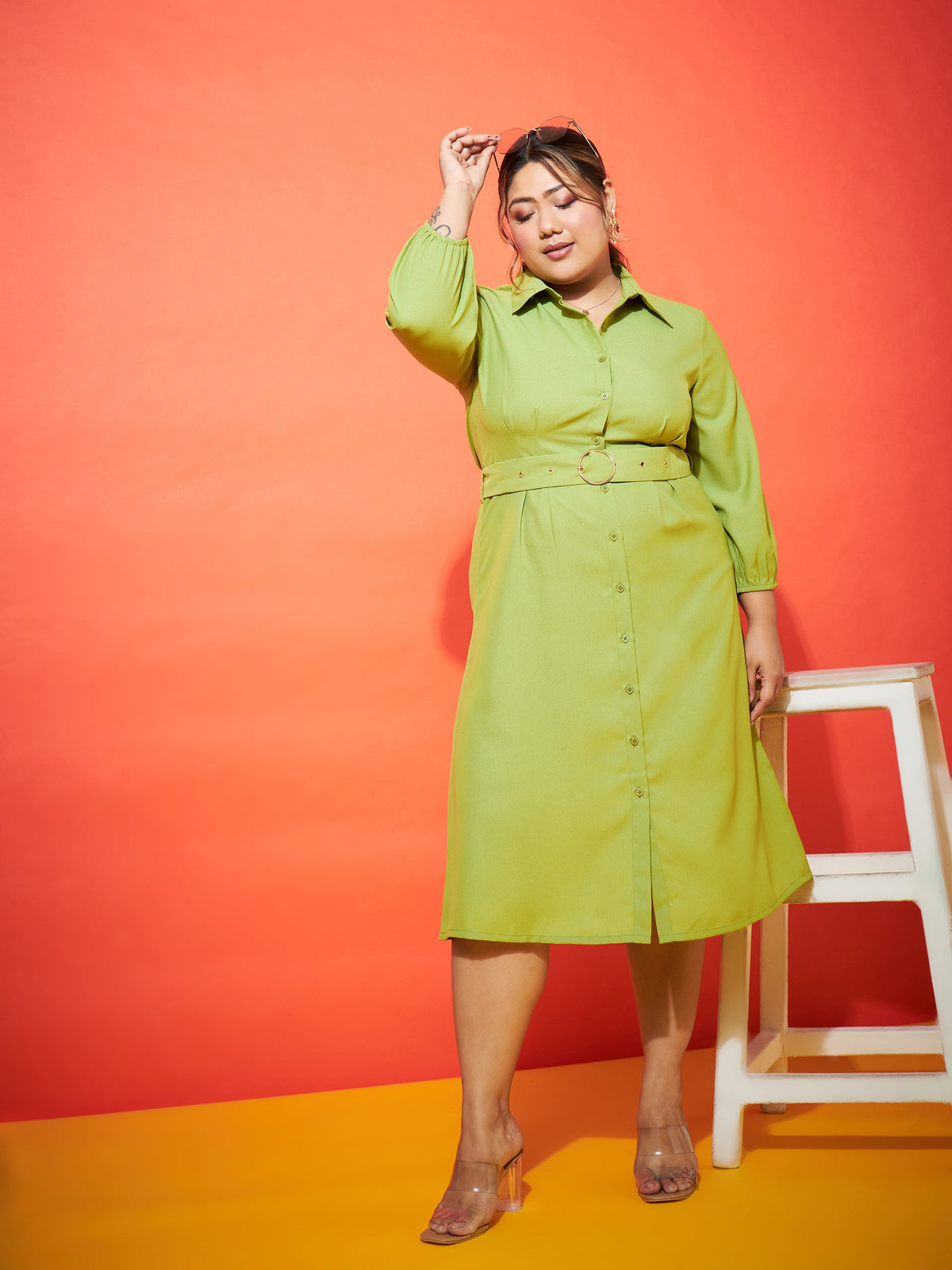 Green Front Button Shirt Dress-SASSAFRAS Curve