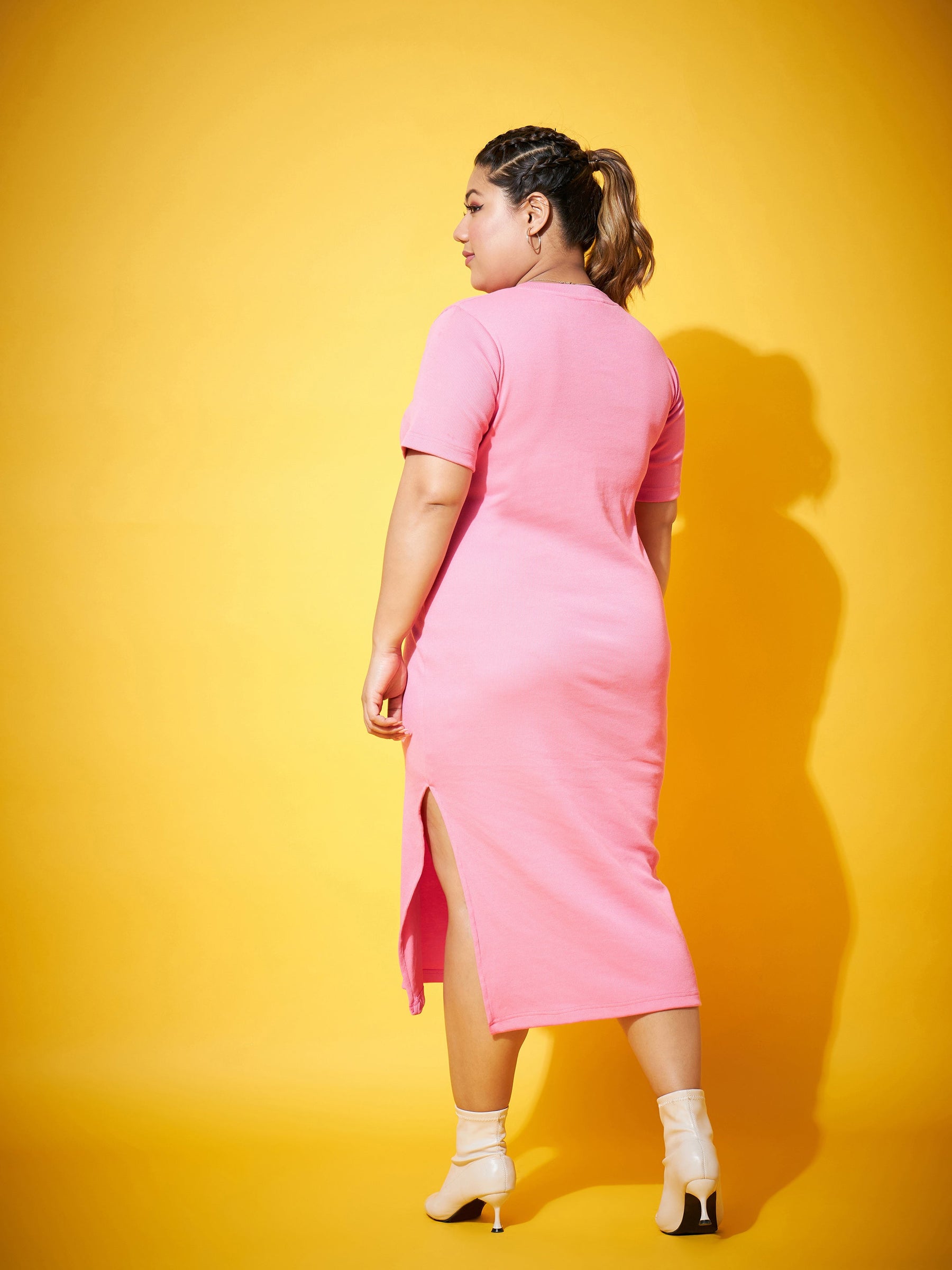 Pink Side Slit Straight Midi Dress-SASSAFRAS Curve
