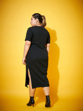 Black Side Slit Straight Midi Dress-SASSAFRAS Curve