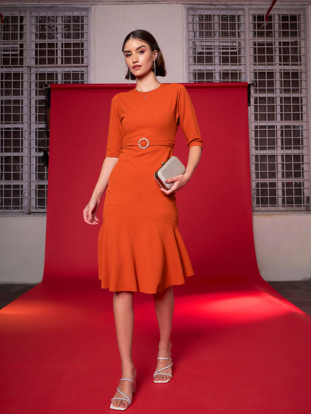 Orange Frill Hem Belted Midi Dress-SASSAFRAS