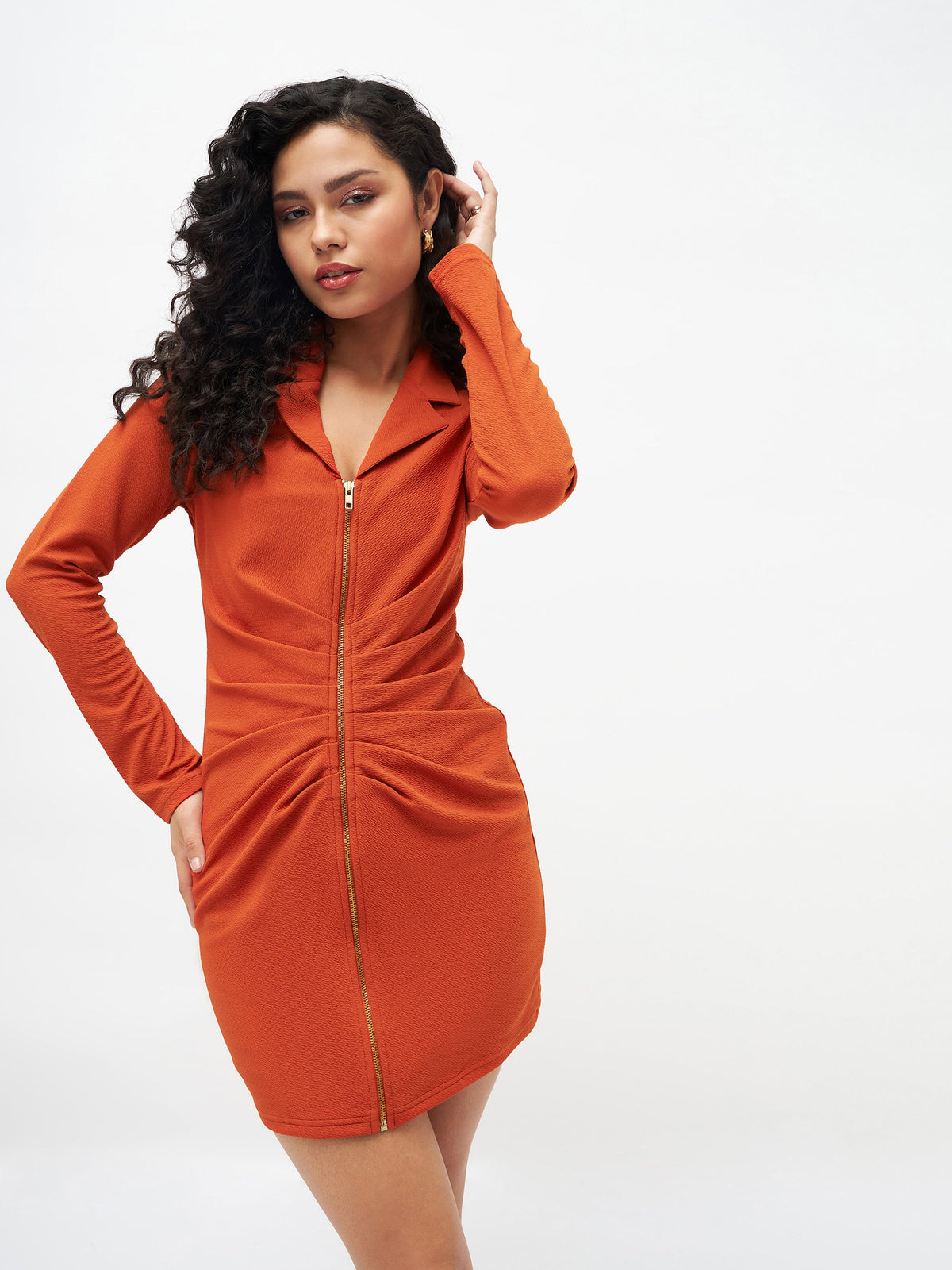 Orange Front Zipper Bodycon Dress-SASSAFRAS