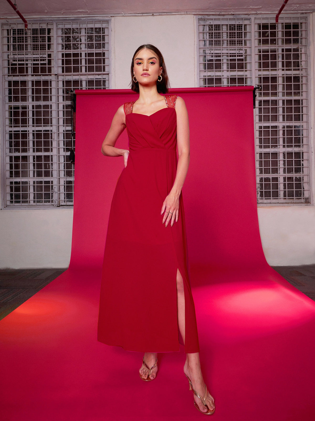 Red Embellished Back Cut Out Maxi Dress -SASSAFRAS