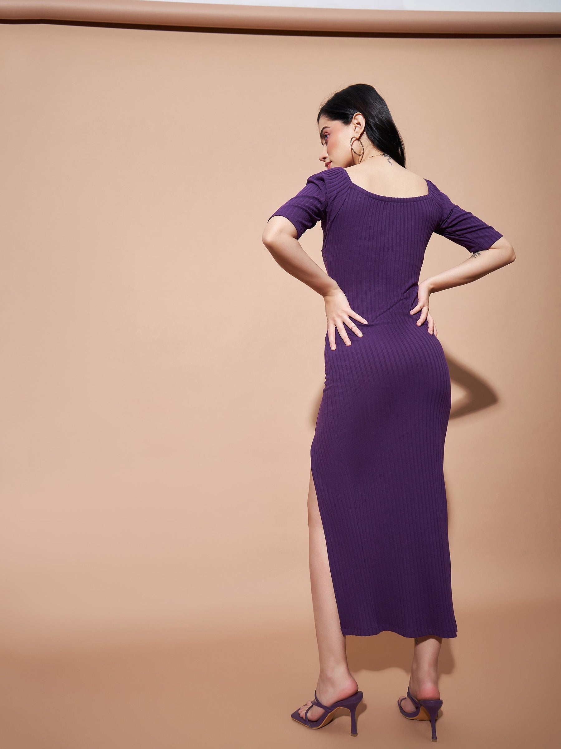 Purple Side Slit V-Neck Rib Maxi Dress-SASSAFRAS BASICS