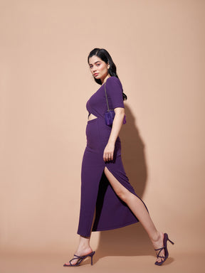 Purple Side Slit V-Neck Rib Maxi Dress-SASSAFRAS BASICS