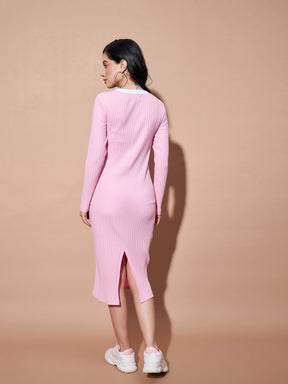 Pink Contrast Rib Bodycon Rib Dress-SASSAFRAS BASICS