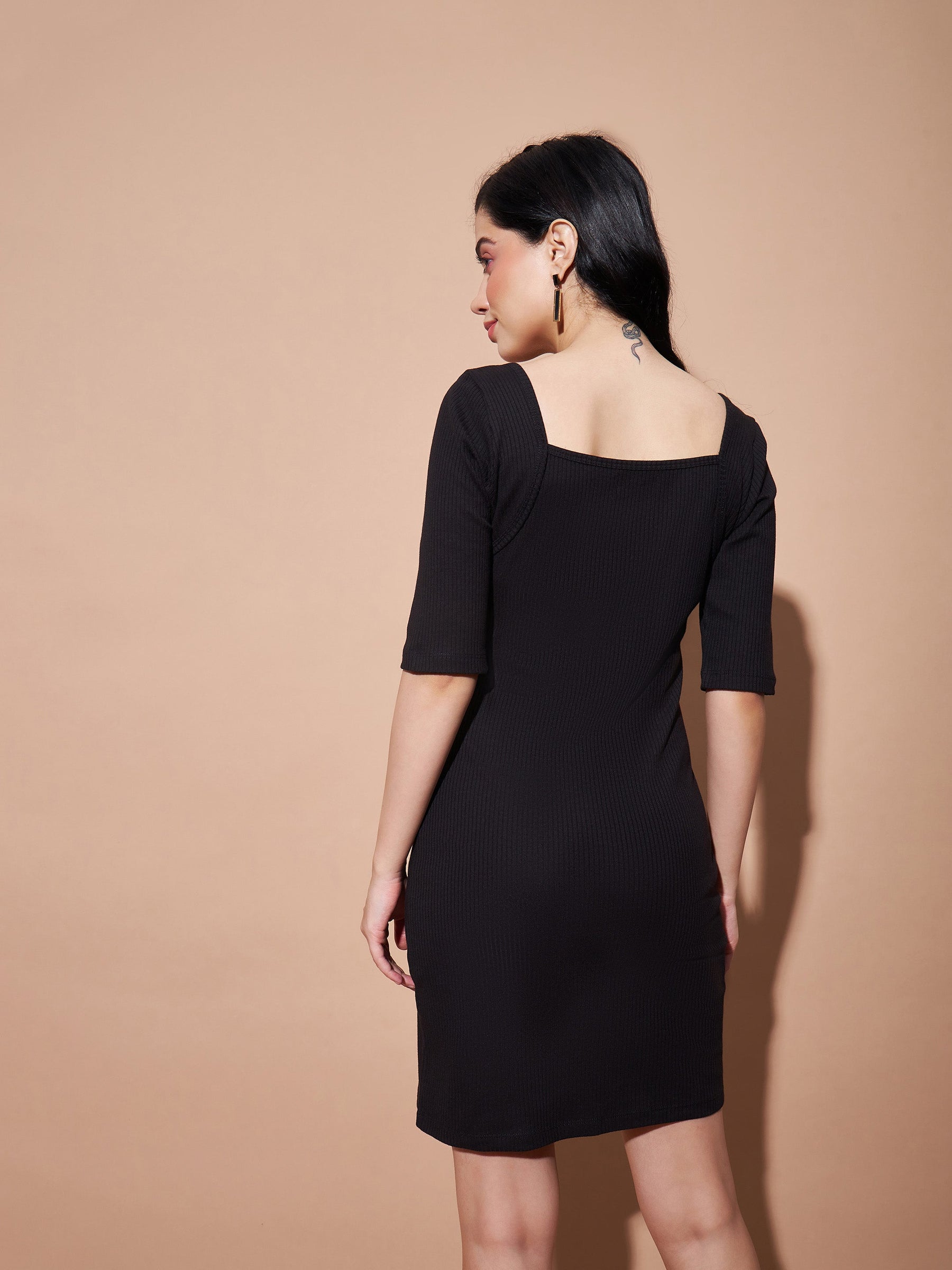 Black Rib Square Neck Short Dress-SASSAFRAS BASICS