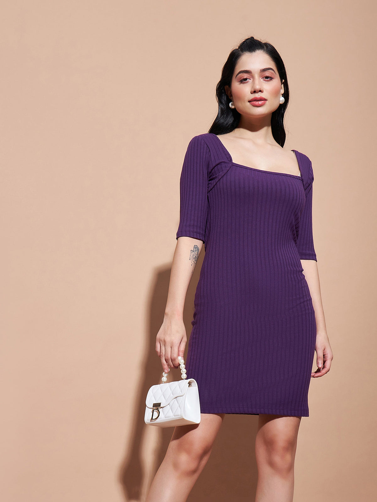 Purple Rib Square Neck Short Dress-SASSAFRAS BASICS
