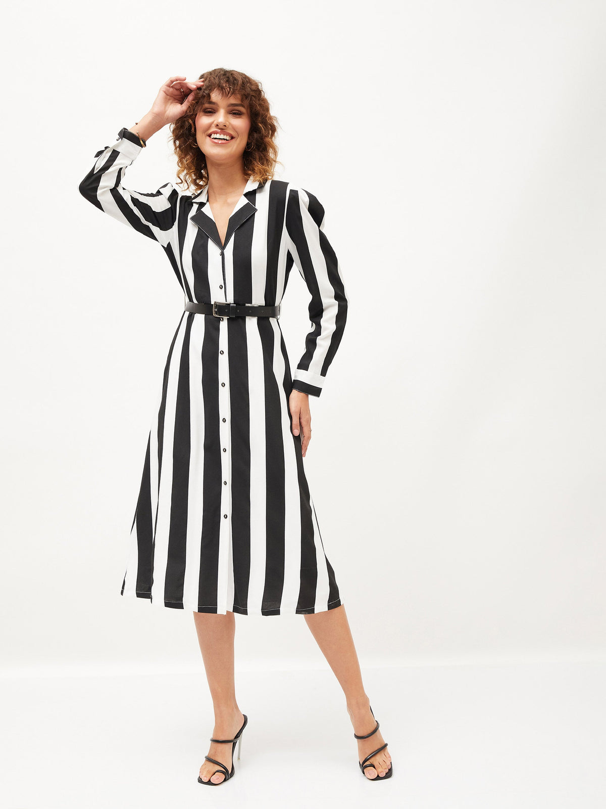 Black & White Striped Belted Shirt Dress-SASSAFRAS