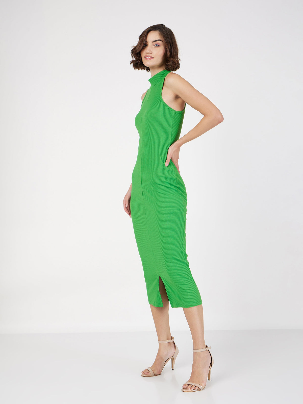 Green Rib Turtle Neck Sleeveless Midi Dress-SASSAFRAS