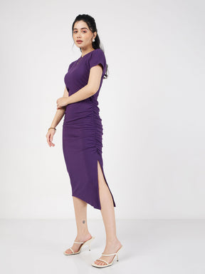 Purple Rib Side Ruched Bodycon Maxi Dress-SASSAFRAS