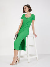 Green Rib V-Neck Midi Dress-SASSAFRAS