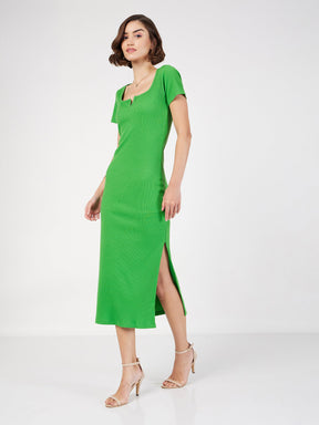 Green Rib V-Neck Midi Dress-SASSAFRAS