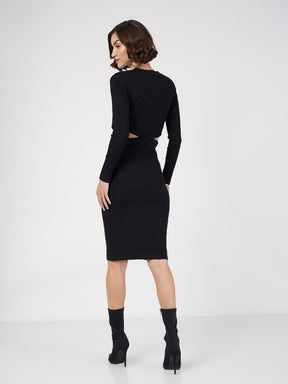 Black Rib Side Cut-Out Midi Dress-SASSAFRAS