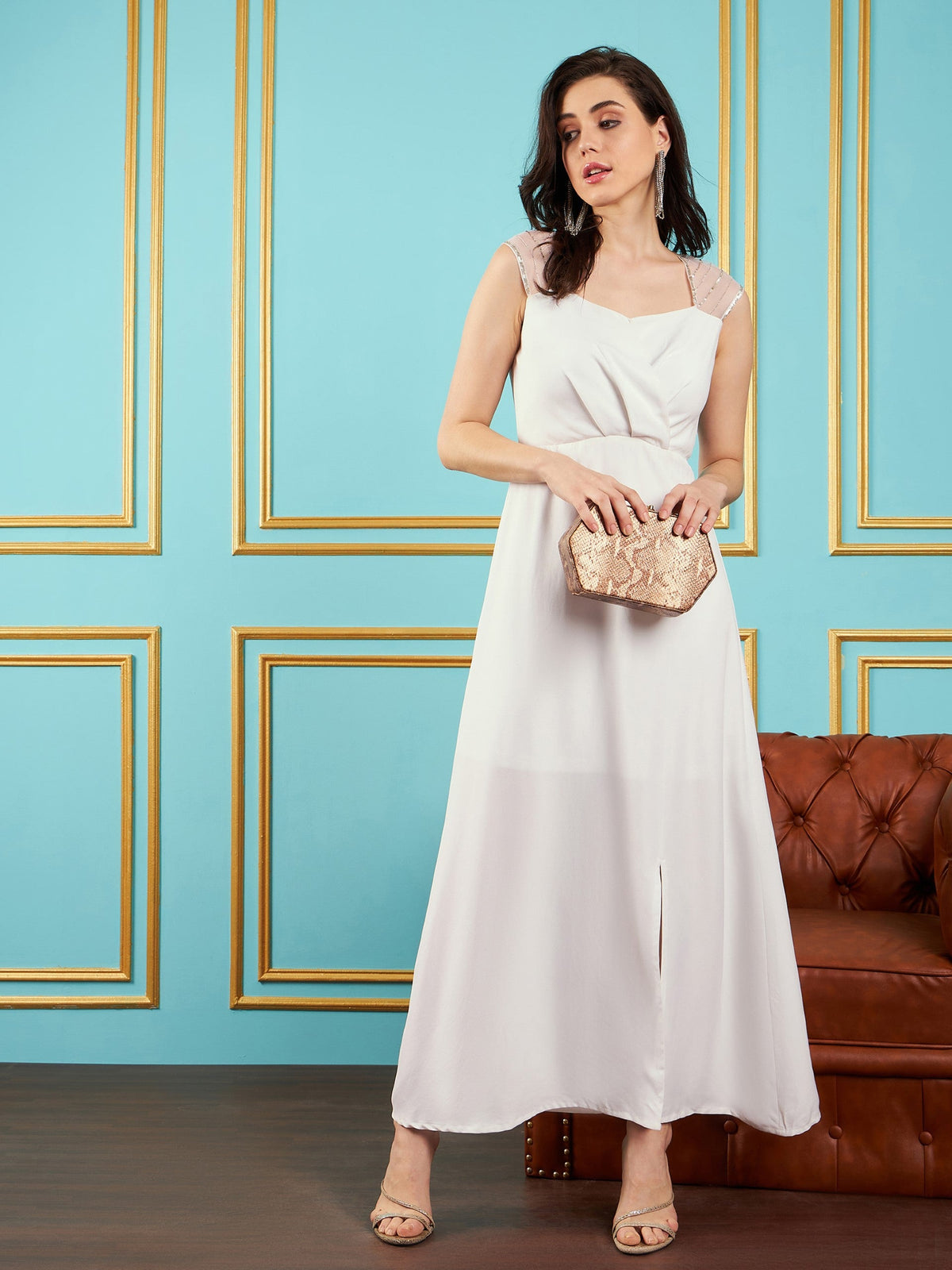 White Embellished Back Cut-Out Maxi Dress -SASSAFRAS
