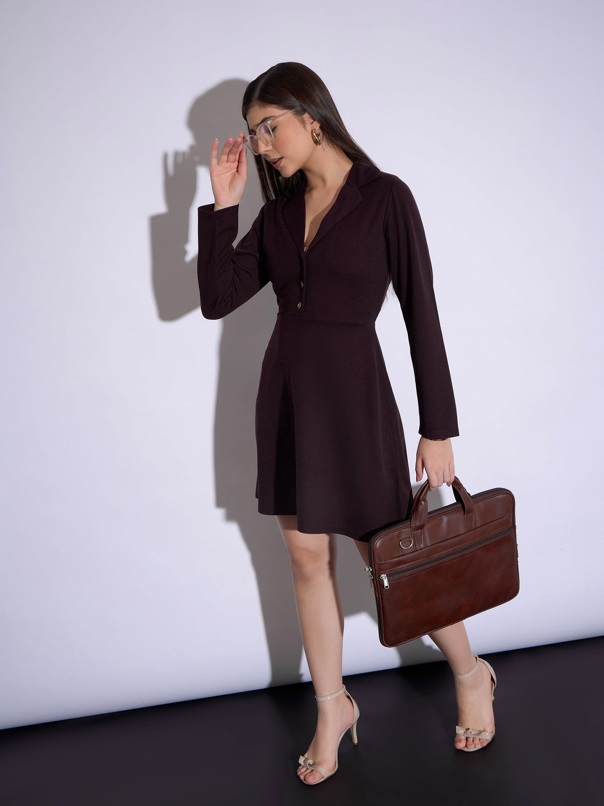 Burgundy Notch Collar Full Sleeves Dress-SASSAFRAS worklyf