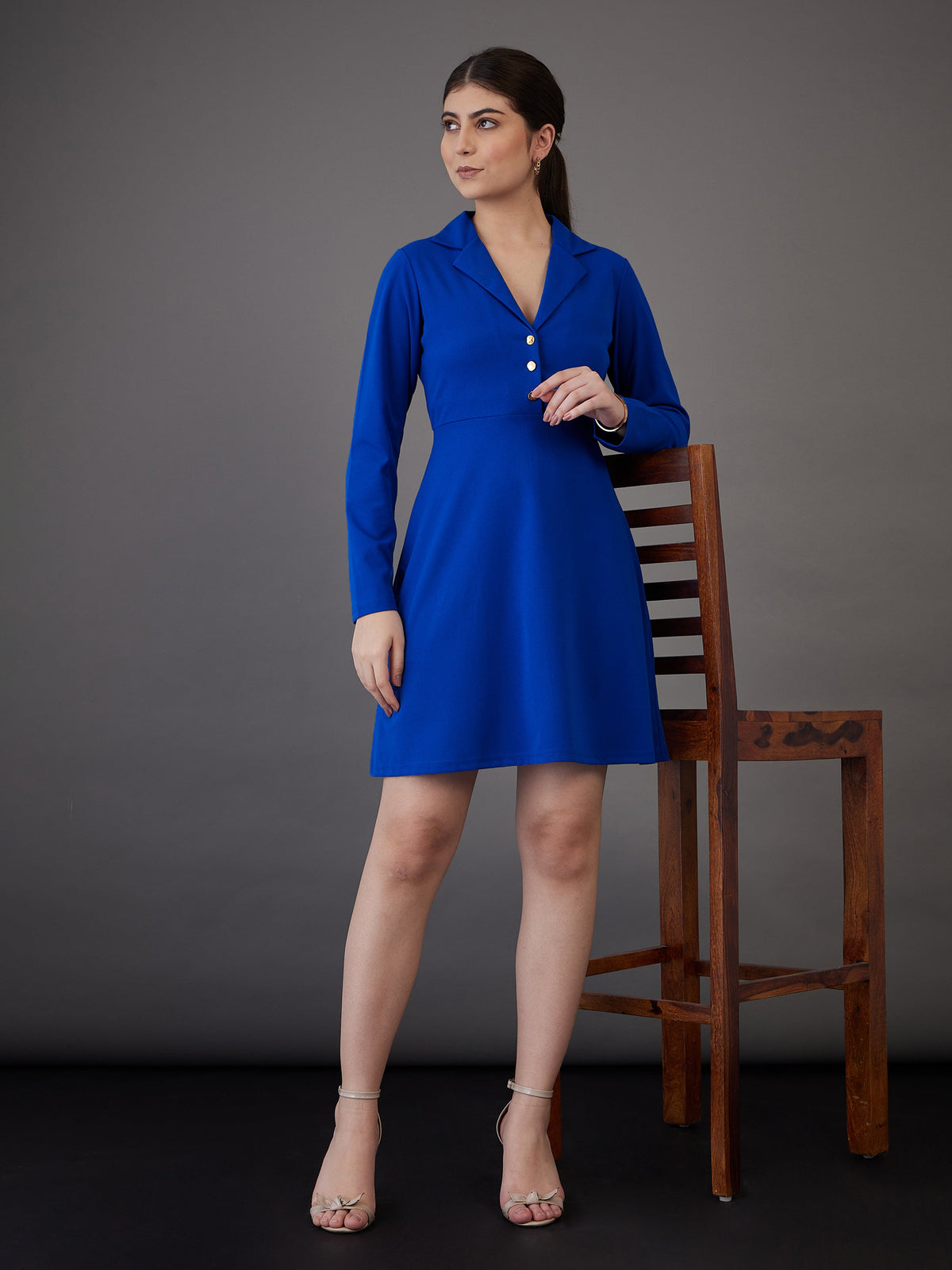 Royal Blue Notch Collar Full Sleeves Dress-SASSAFRAS worklyf