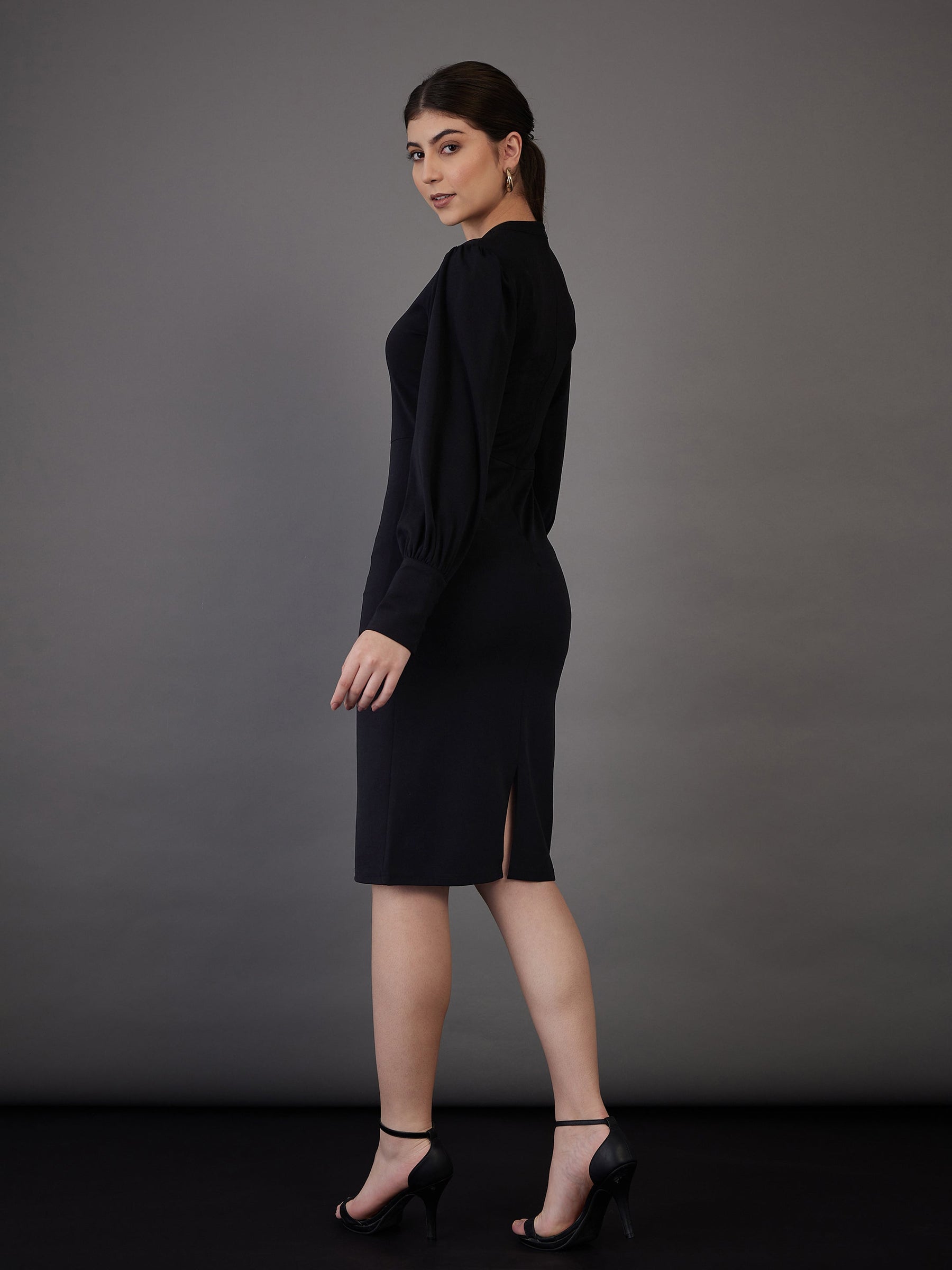 Black Puff Sleeves Bodycon Midi Dress-SASSAFRAS worklyf