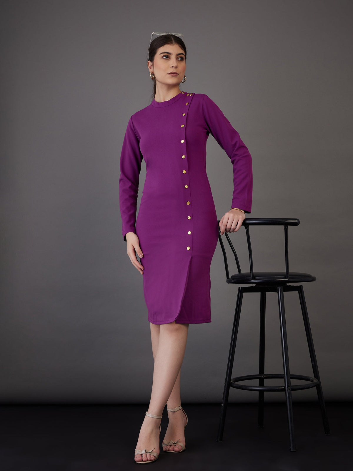Purple Front Button Bodycon Midi Dress-SASSAFRAS worklyf