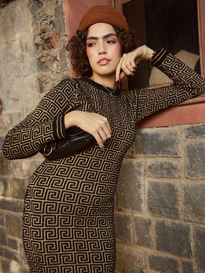 Beige & Black Geo Woolen Sweater Dress-SASSAFRAS