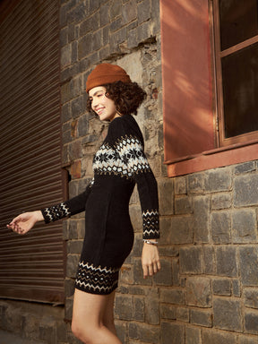 Black Geo Border Woolen Sweater Dress-SASSAFRAS