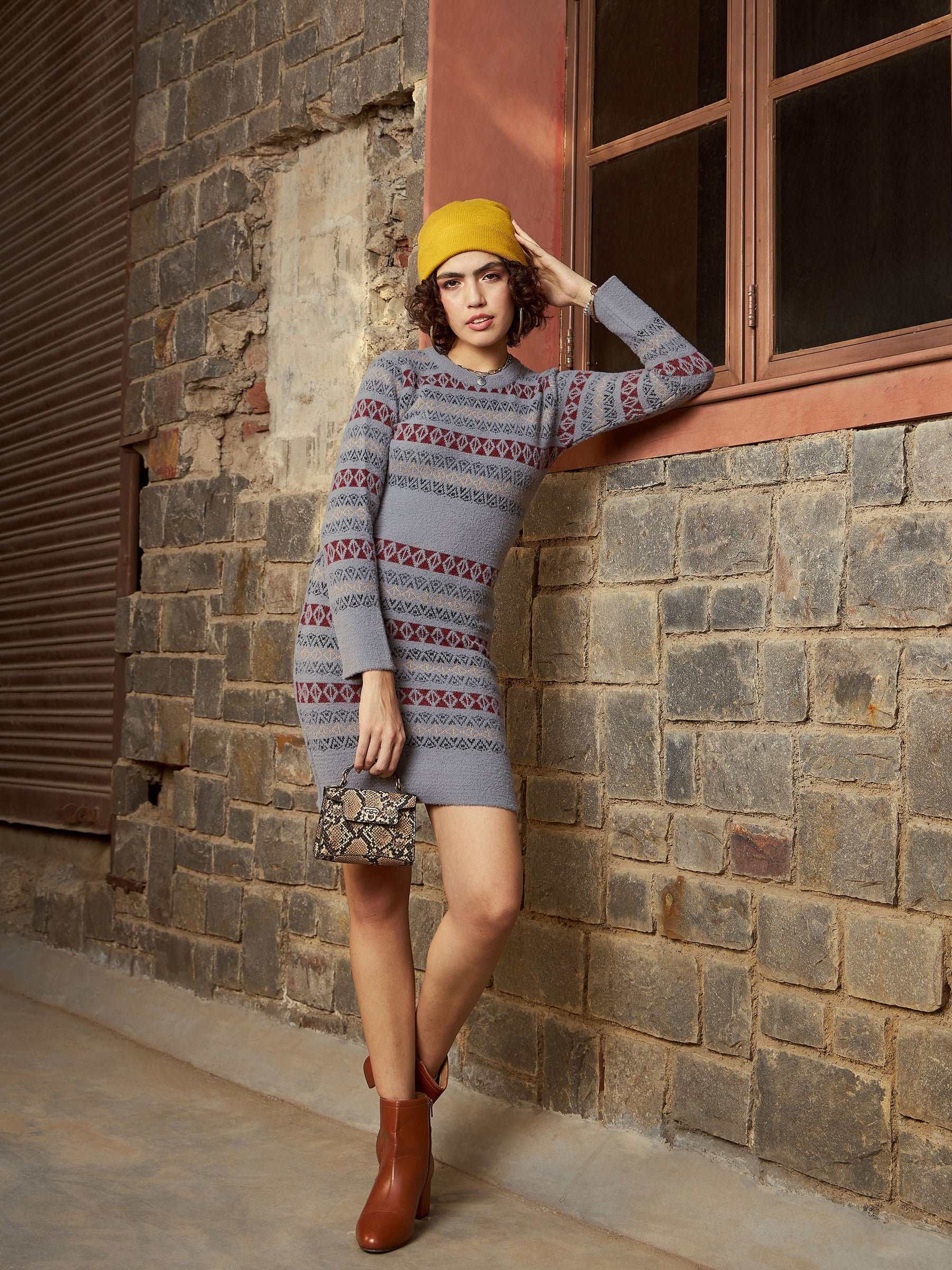 Grey Geo Woolen Sweater Dress-SASSAFRAS