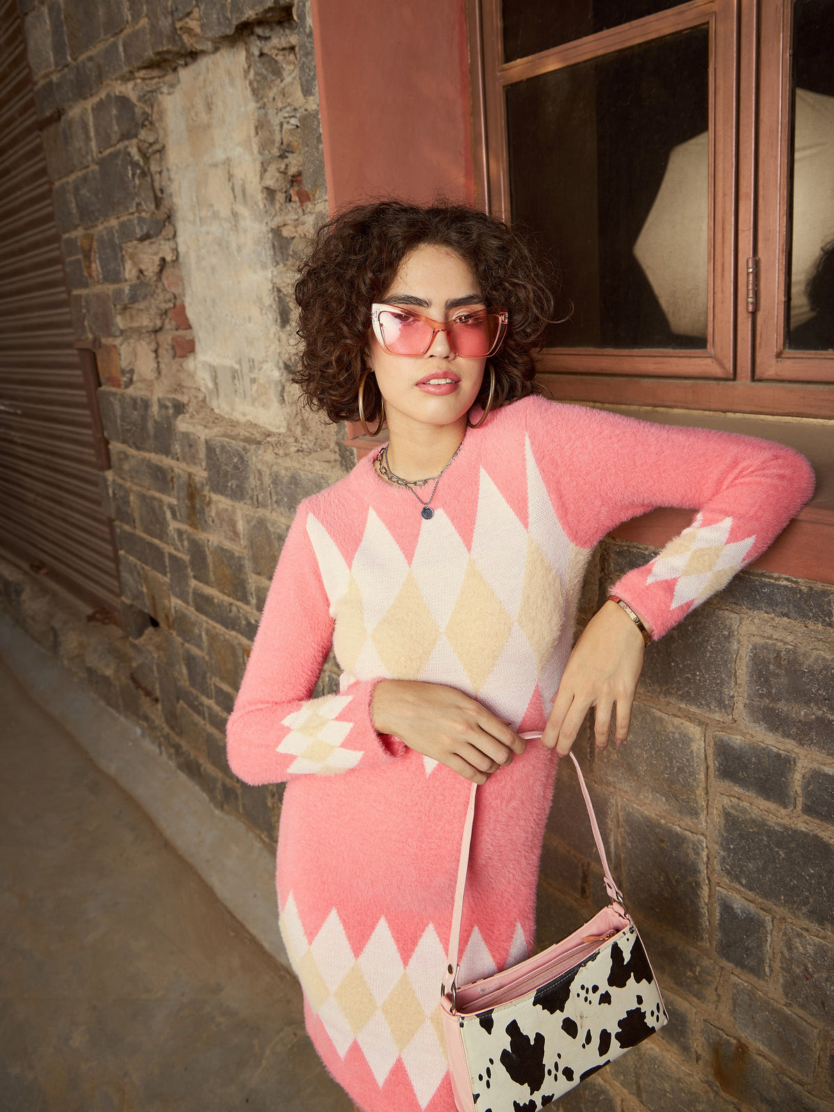 Dark Pink Geo Woolen Sweater Dress-SASSAFRAS