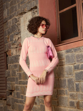 Light Pink Zig Zag Woolen Sweater Dress-SASSAFRAS