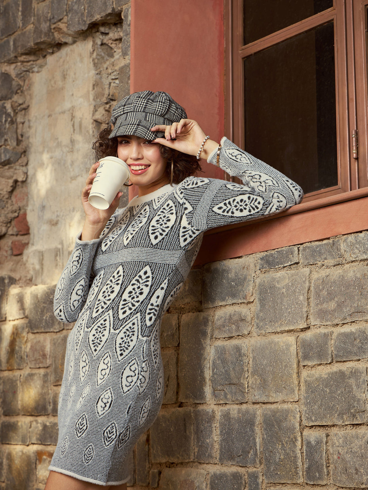 Grey & Black Geo Woolen Sweater Dress-SASSAFRAS